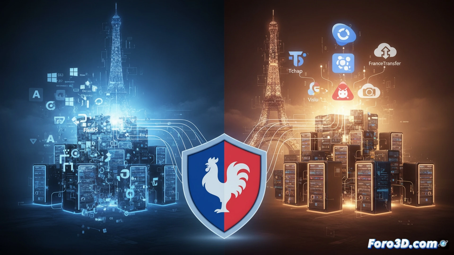 Bandera francesa ondeando sobre un monitor con el logotipo de Linux y edificios gubernamentales al fondo.