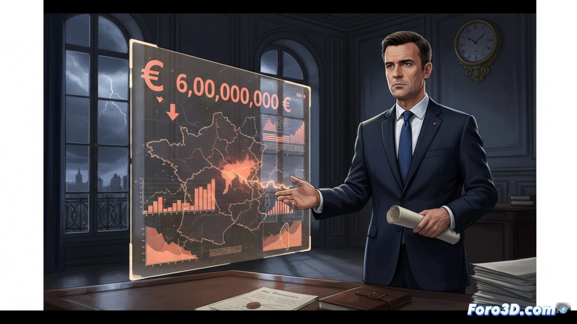 Un ministro francés señala recortes en un gráfico, con banderas de Oriente Medio de fondo borroso.