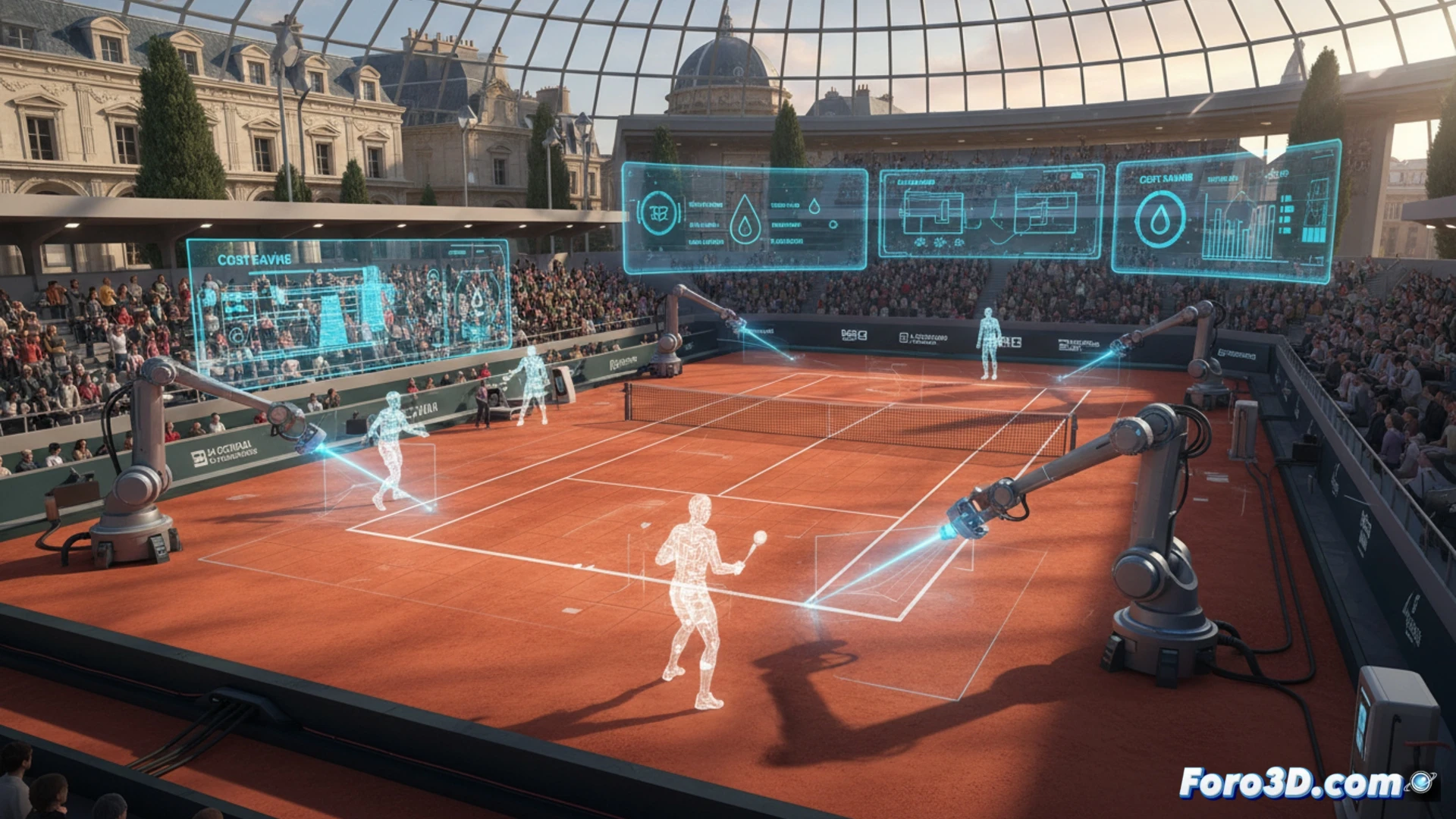 Render 3D de una pista de tenis de tierra batida artificial, mostrando capas de materiales y drenaje.