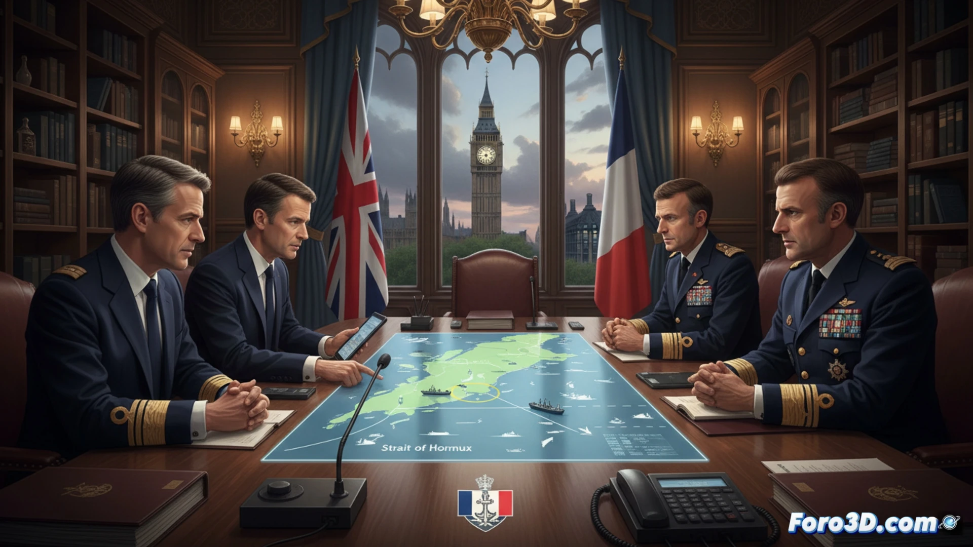 Dos fragatas, una francesa y otra británica, patrullan el estrecho de Ormuz bajo un cielo despejado.