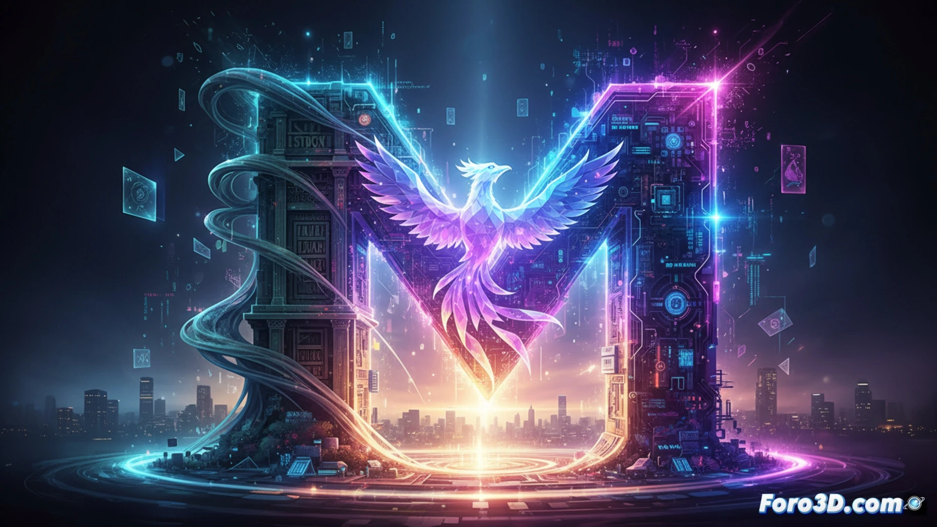 Una imagen dividida: a la izquierda, el logo antiguo de Freepik, desvaneciéndose; a la derecha, el nuevo logo de Magnific, brillante y futurista, con partículas de IA flotando sobre un fondo de píxeles y redes neuronales.