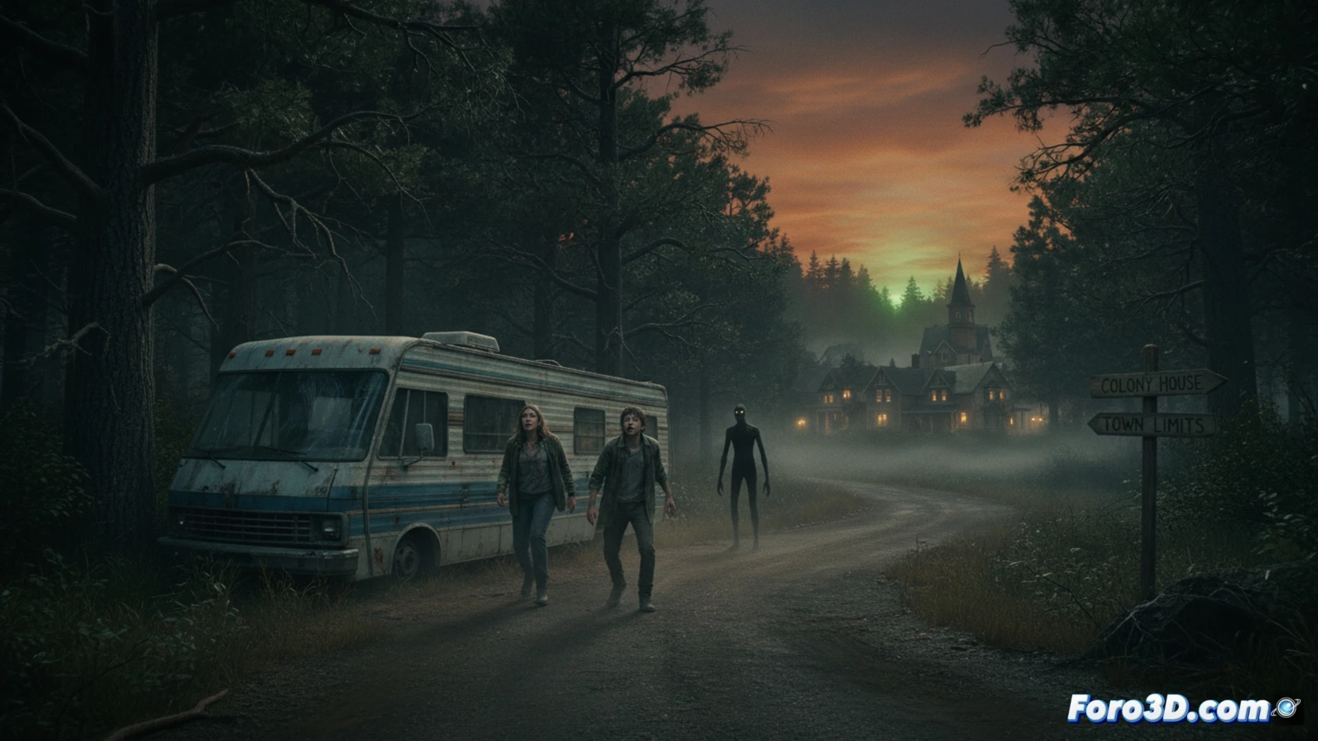 Un pueblo en penumbra, ventanas tapiadas y faroles. Al fondo, siluetas deformes acechan entre la niebla nocturna.