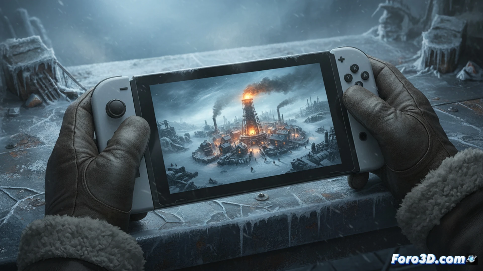 Una ciudad industrial envuelta en hielo, con su enorme generador central, vista desde la pantalla de una Nintendo Switch.