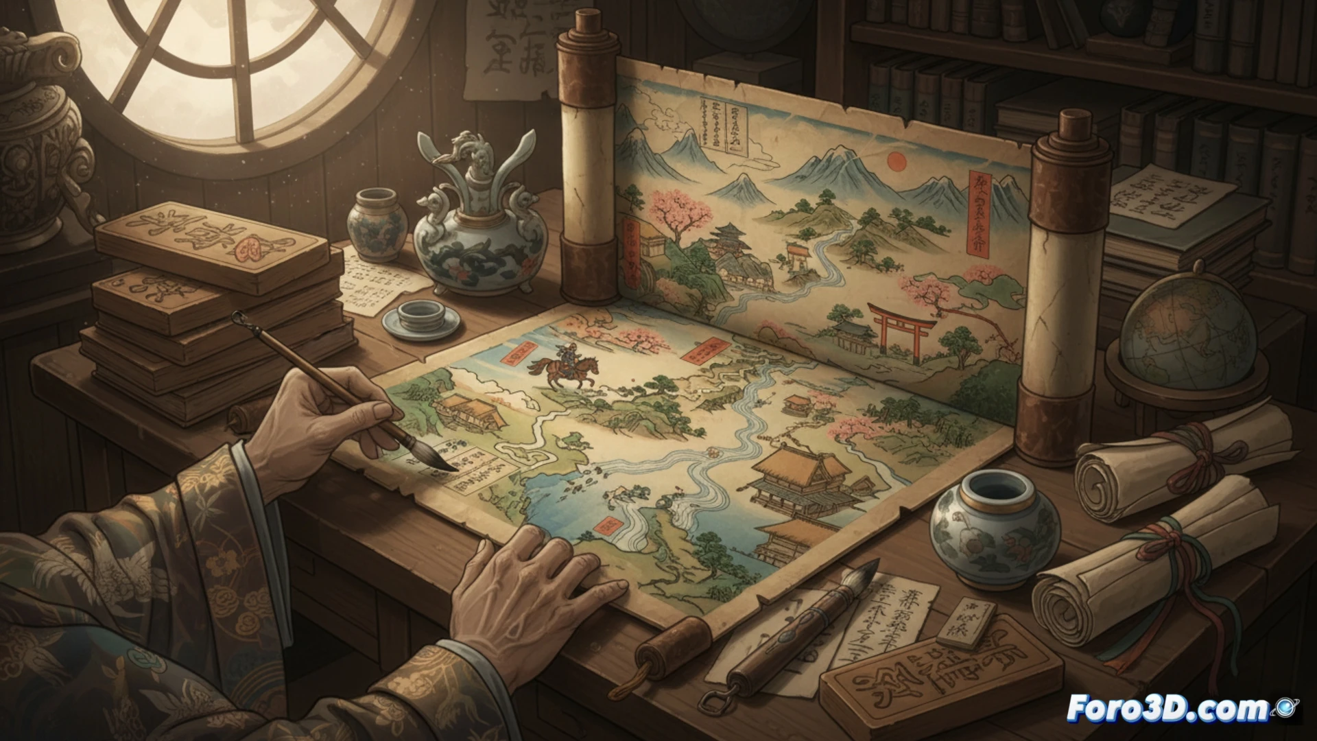 Un pergamino antiguo desplegado sobre un mapa de Japón, con caligrafía y dibujos de montañas, dioses y aldeas.