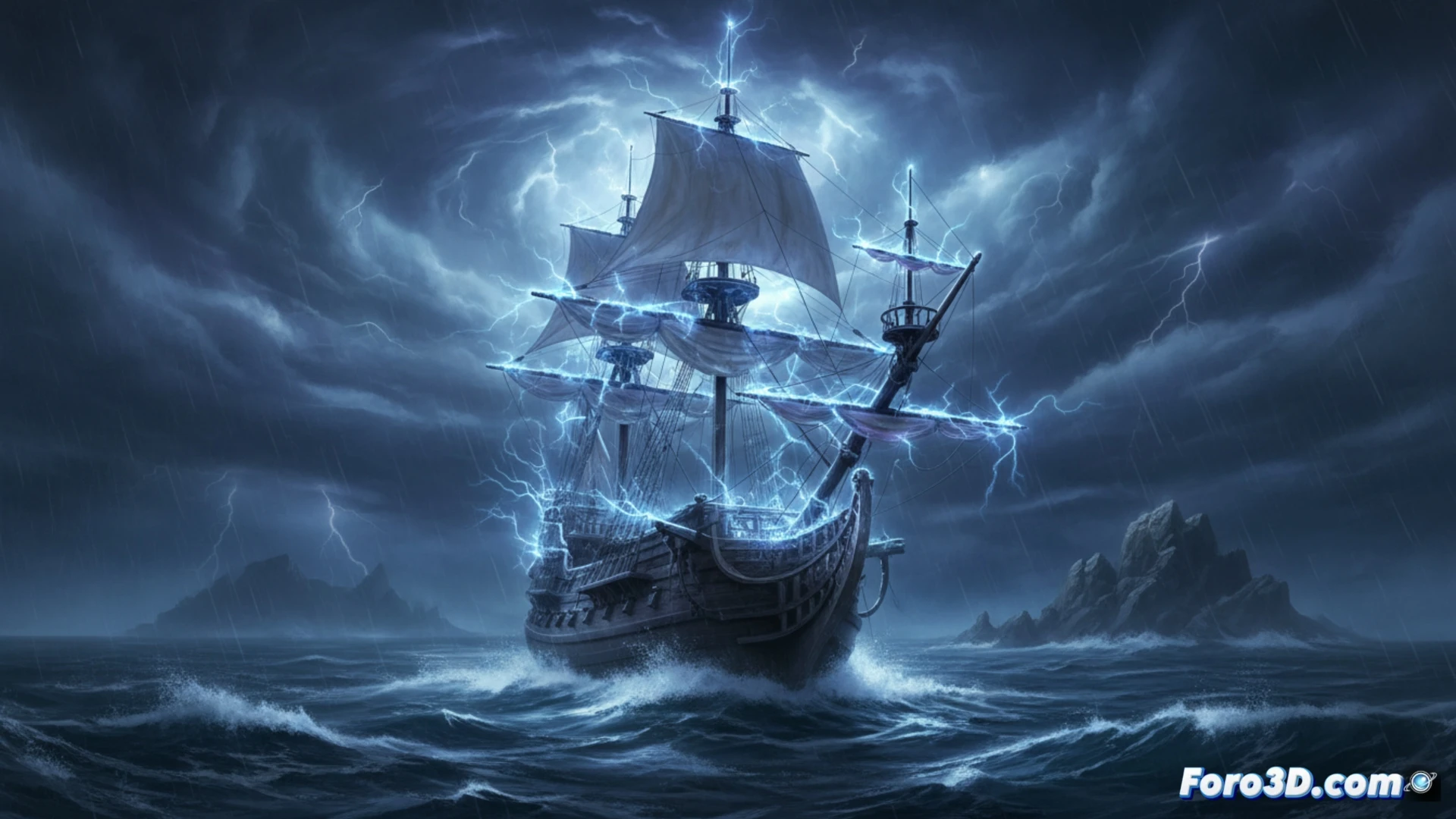 Representación 3D de una descarga de Fuego de San Telmo ionizando el aire alrededor del mástil de un barco.