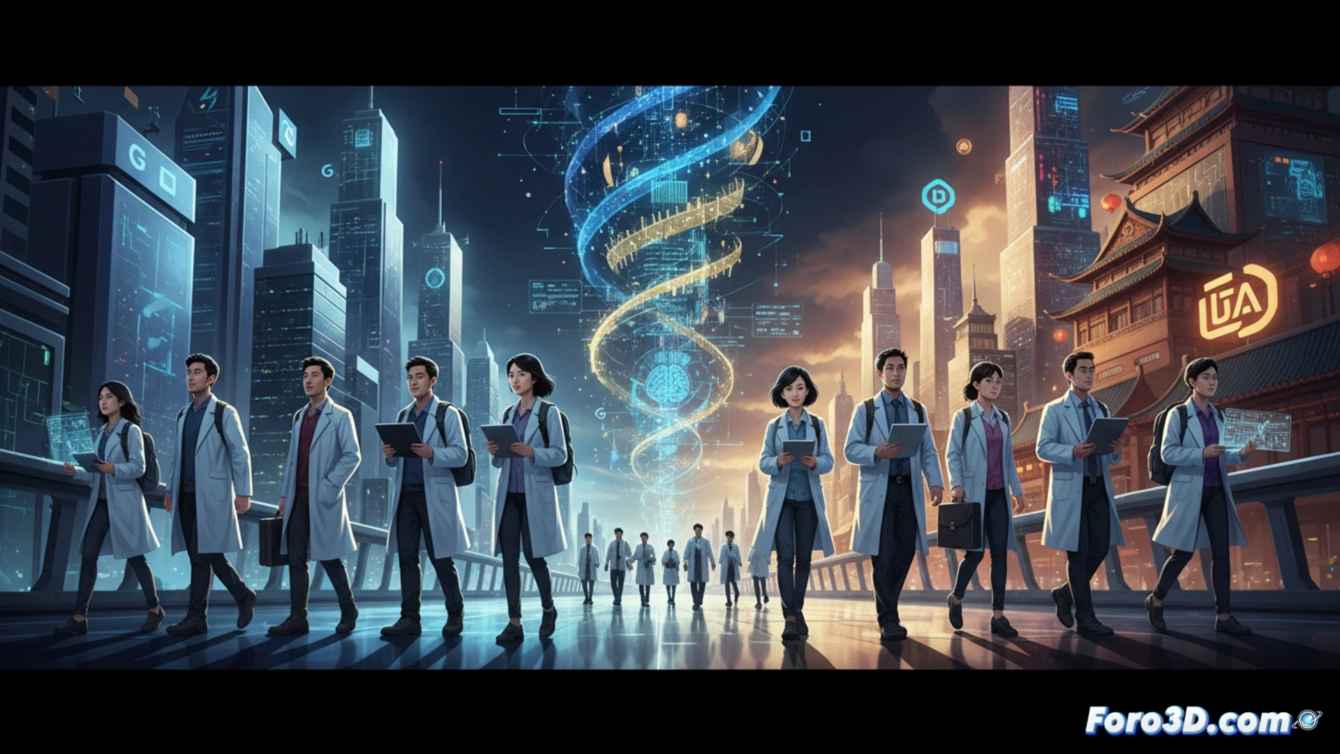 Una fila de maletas con logos de Google y OpenAI frente a rascacielos tecnológicos chinos.