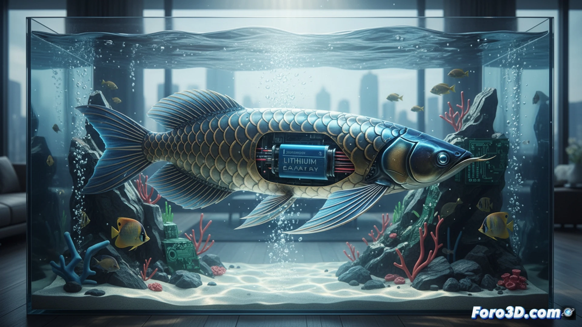 Pez robot Bionic Arowana de 69 cm, plateado y realista, nadando en agua clara sin acuario visible.