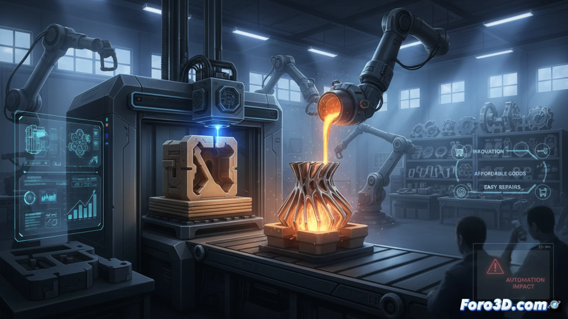 Un molde de arena impreso en 3D listo para recibir metal fundido en un proceso de fabricación híbrida.