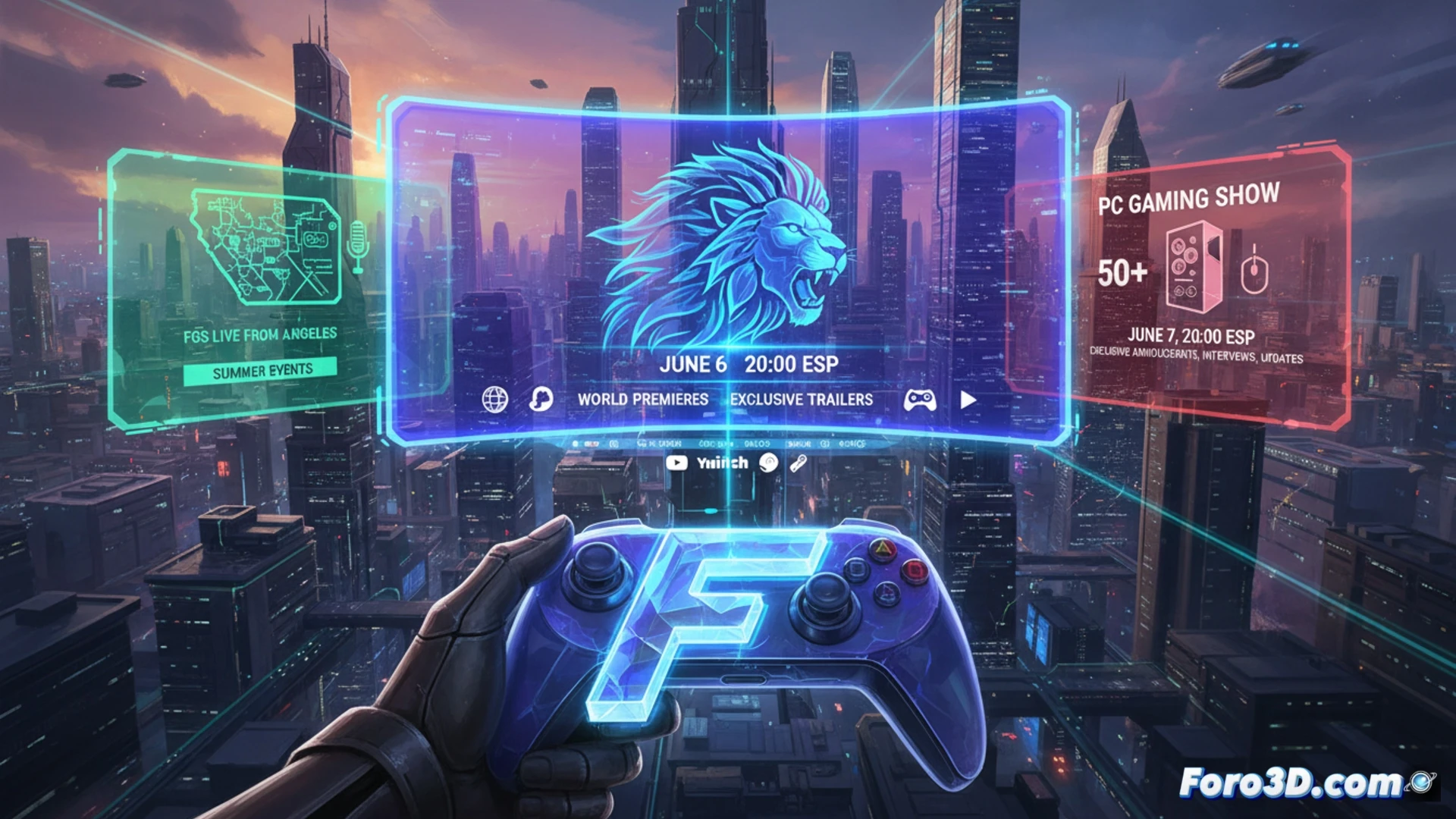 Un escenario digital con logos de Future Games Show y PC Gaming Show, anunciando fechas de junio en pantallas brillantes.