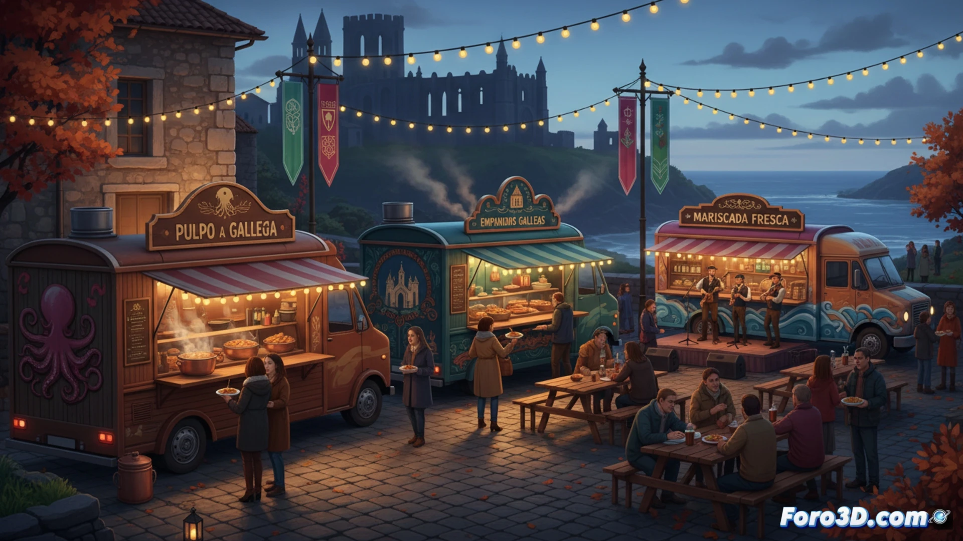 Una caravana de food trucks junto al mar, con gente degustando platos gallegos al atardecer.