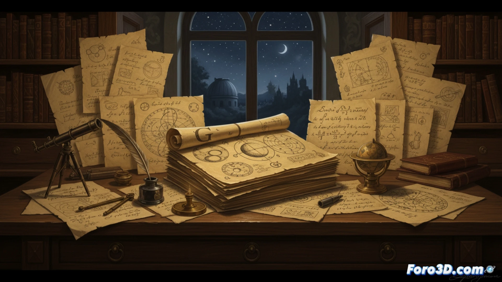 Representacion 3D de Galileo mostrando las lunas de Jupiter a traves de su telescopio, con un fondo de cartas y diagramas.