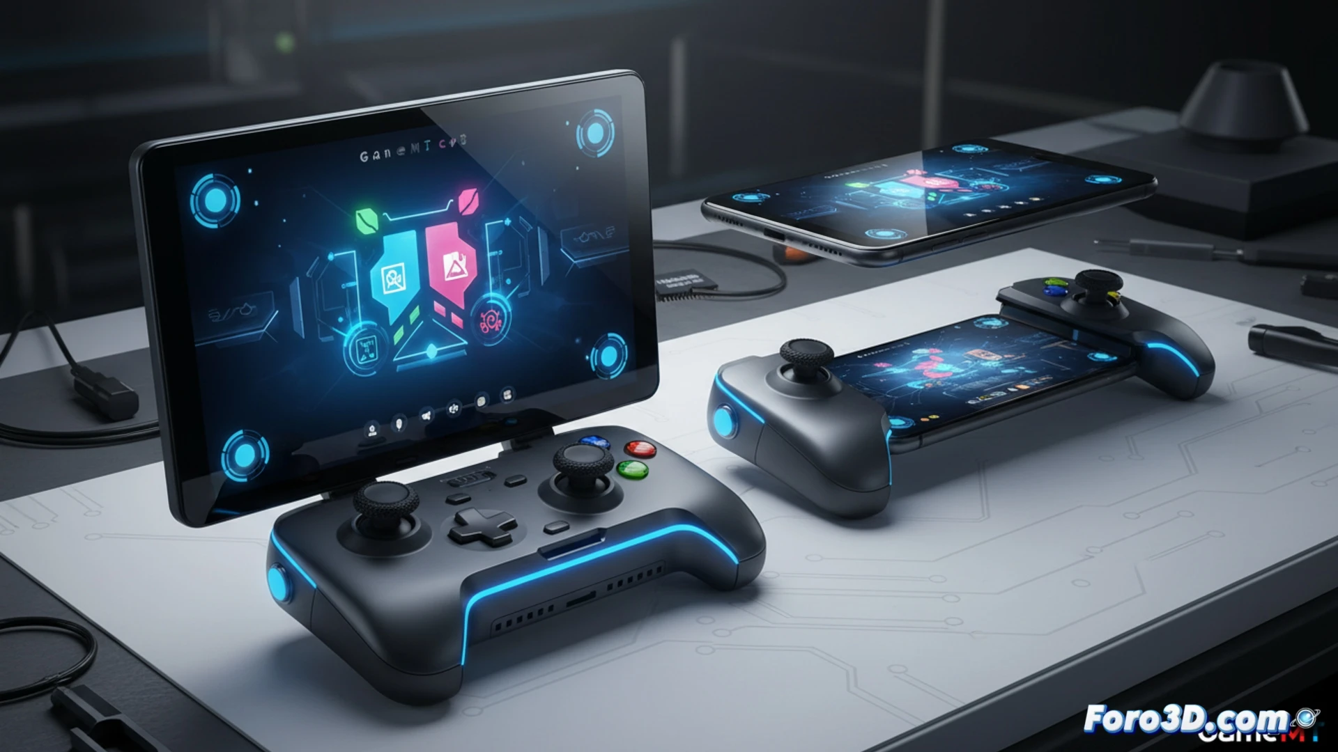 Una consola portátil modular con pantalla desmontable y mandos magnéticos que también se acoplan a un teléfono móvil.