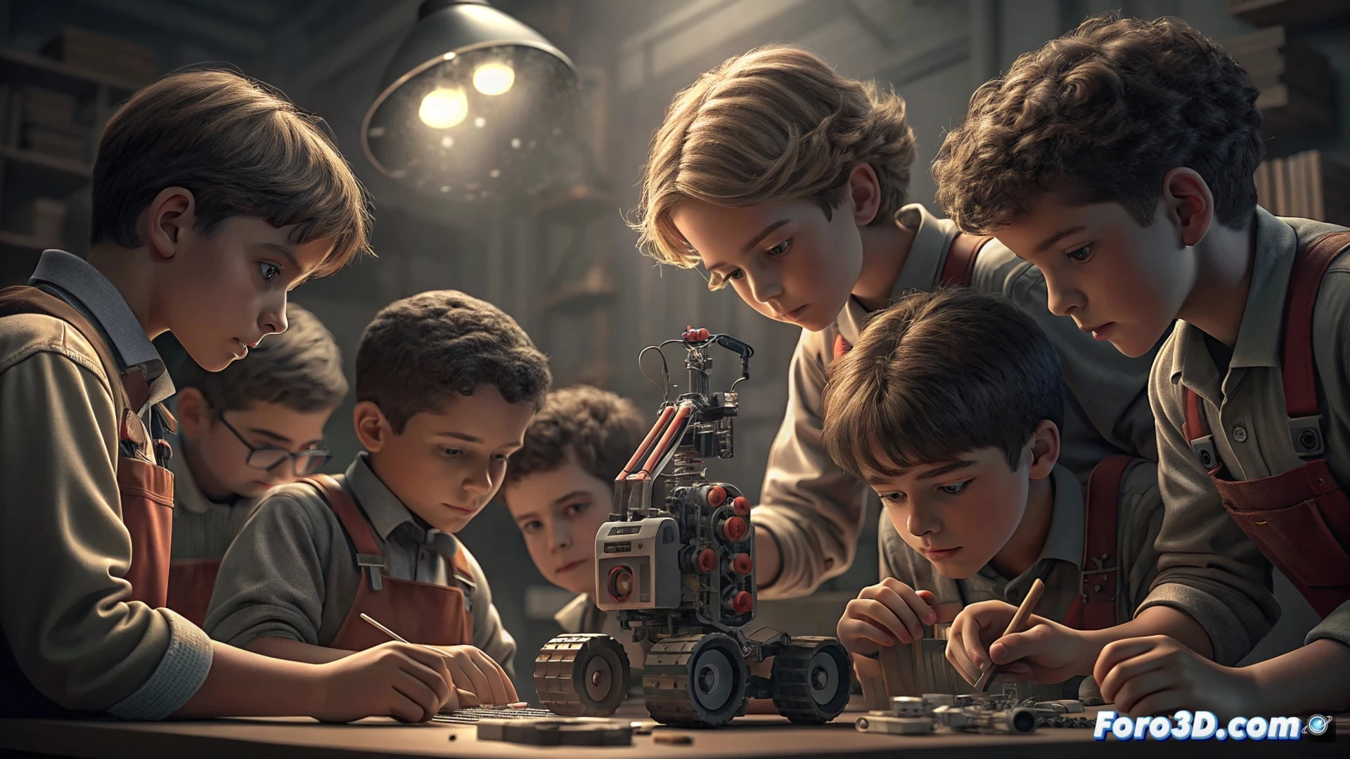 Ocho niños de 10 a 16 años del Gandialab Team posan con un robot LEGO, listos para el Open Mundial en Sidney.