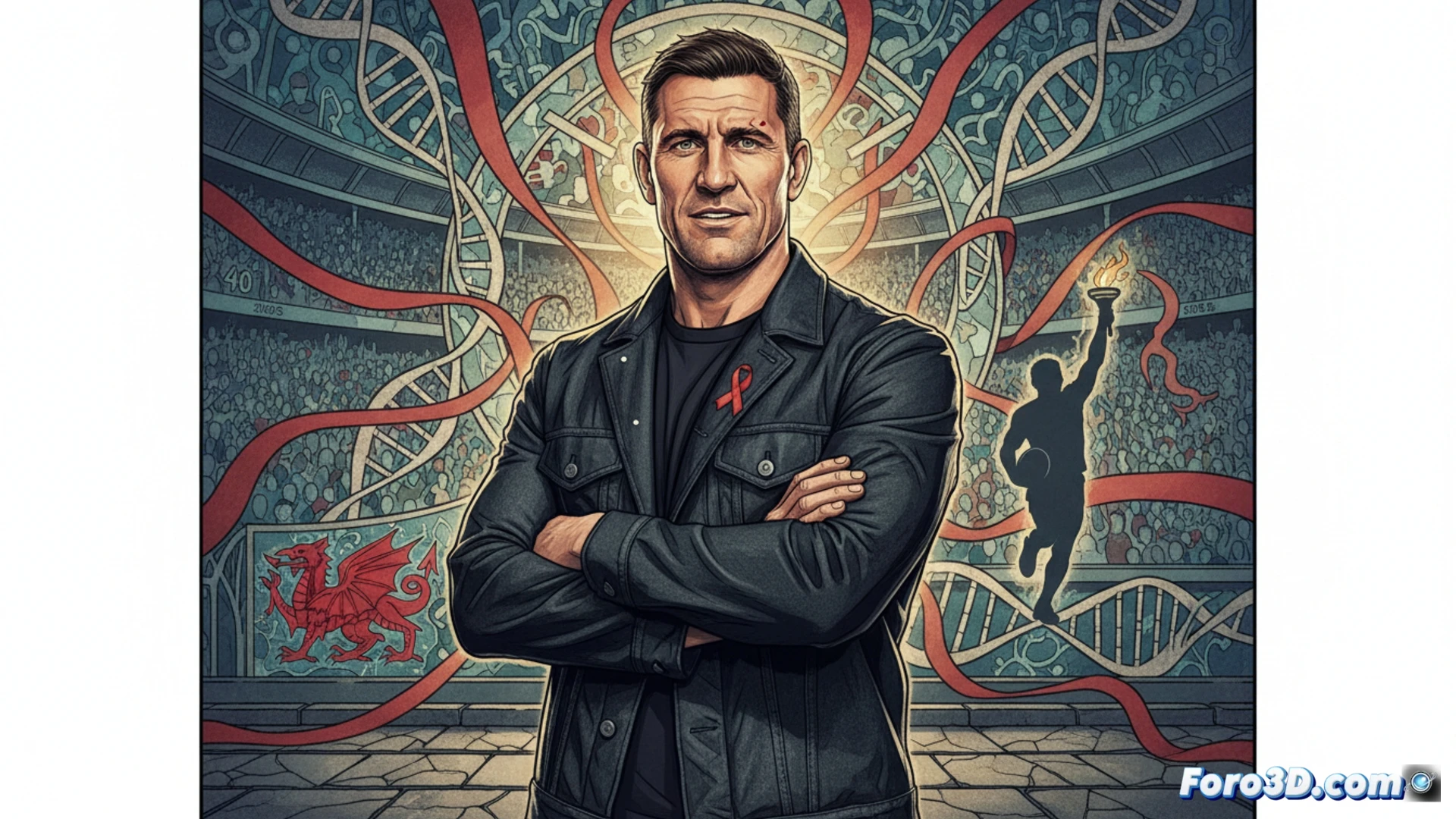 Gareth Thomas, en primer plano con camiseta roja, mira firme; al fondo, un estadio de rugby y el lema 'VIH no es derrota'.