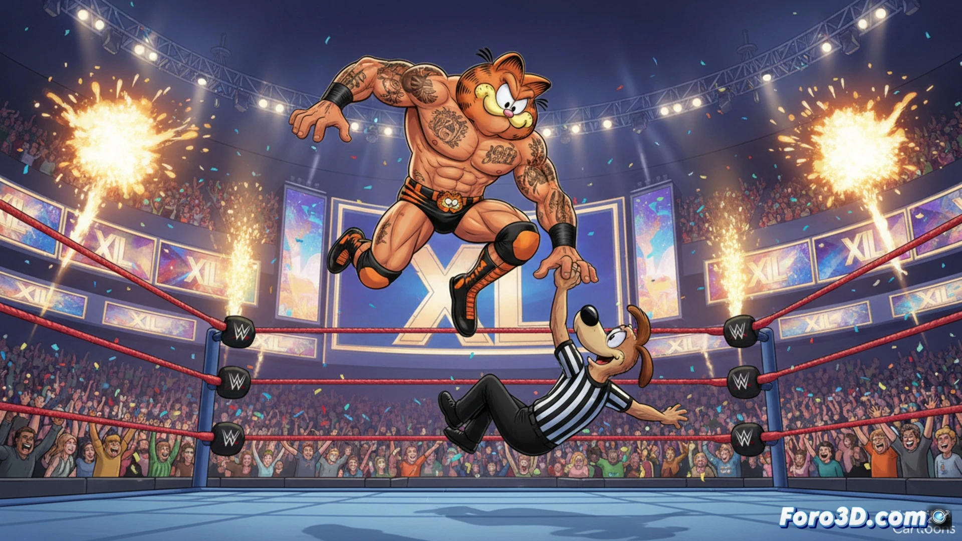 Un Garfield anaranjado ejecuta un RKO desde el aire sobre Odie, en un ring de lucha, con estilo de animación vibrante.