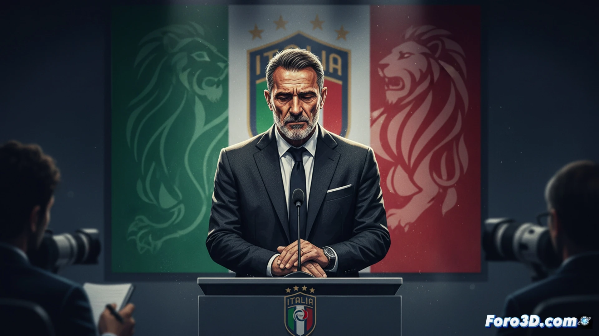 Gattuso, de perfil serio, firma su renuncia en un despacho. Bandera italiana y un balón en segundo plano, simbolizando el ciclo cerrado.