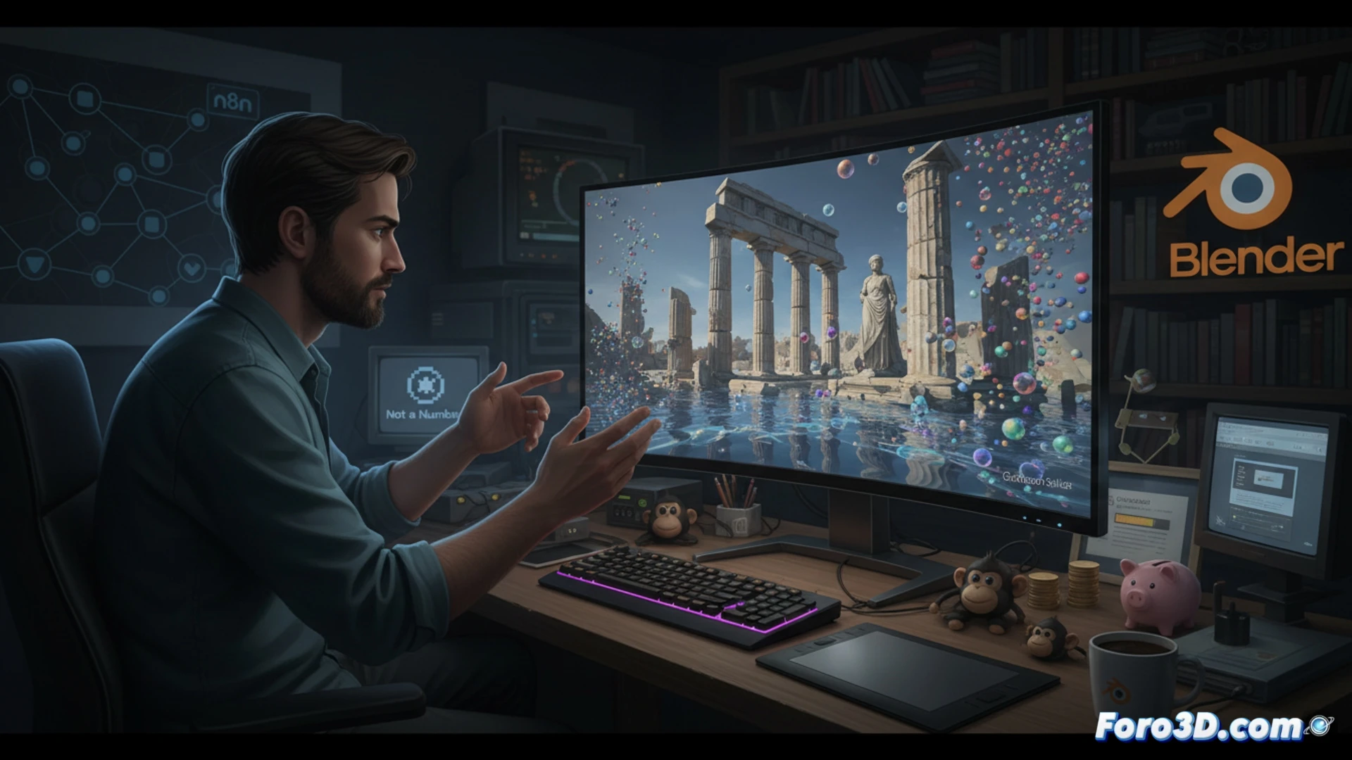 Una escena 3D realista compuesta por millones de partículas brillantes y translúcidas, capturando reflejos y transparencia.