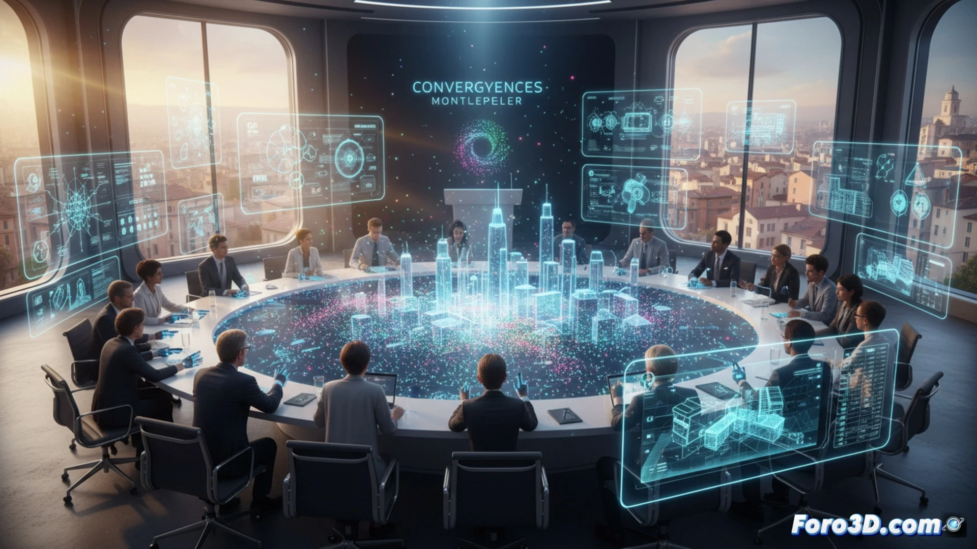 Descripción detallada de la imagen (80-120 caracteres):  
Una nube de puntos 3D con destellos gaussianos multicolores flota sobre una mesa de reunión en un auditorio futurista, donde expertos franceses señalan hologramas de gemelos digitales y realidad extendida.