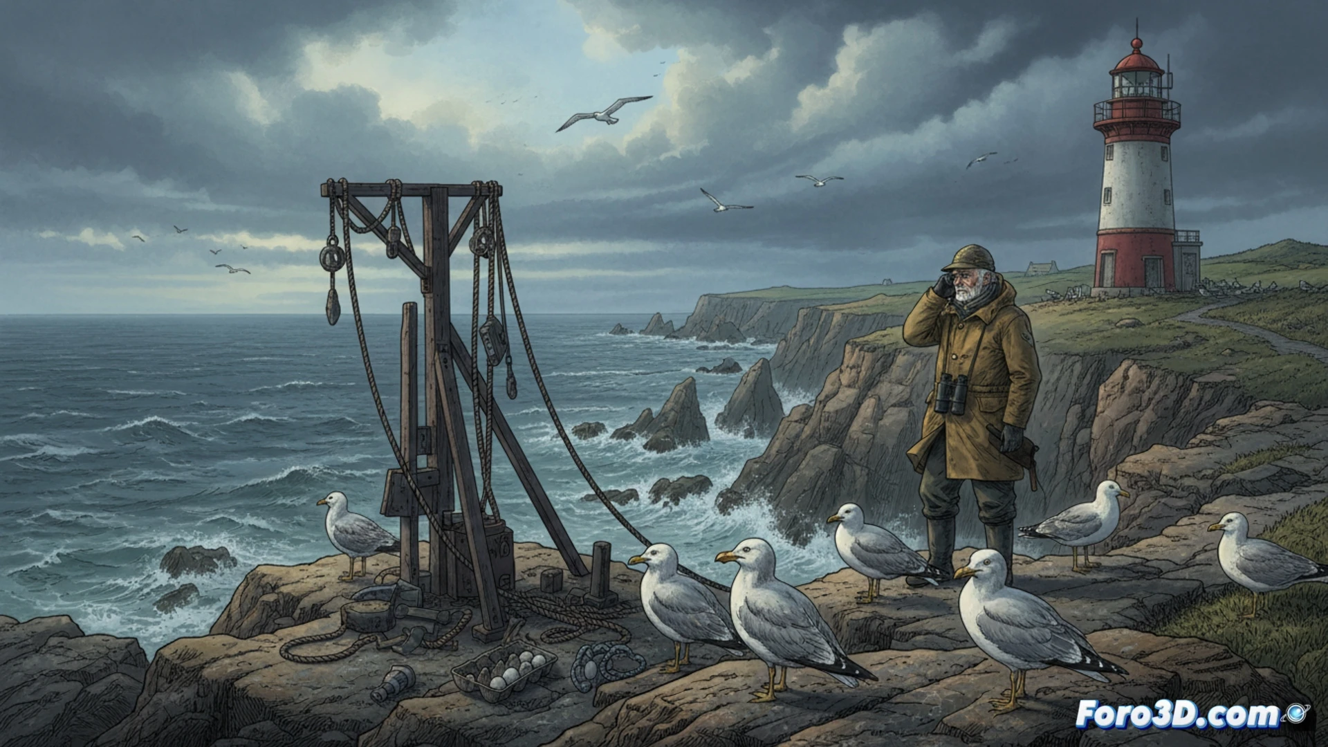 Gaviotas sobrevolando un faro en la costa bretona, con nidos vacíos y huevos sin eclosionar en primer plano.