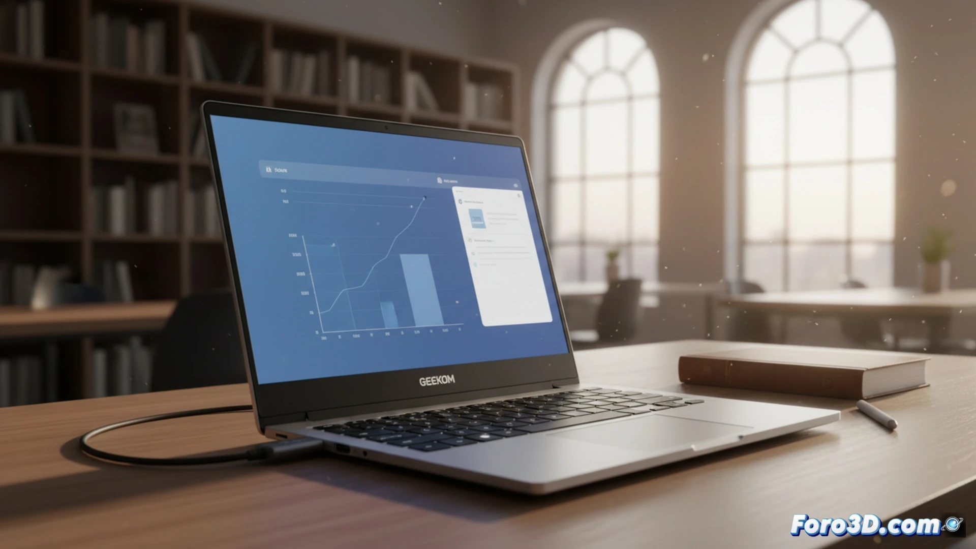 Un portátil ultraligero de metal sobre libros y apuntes, con pantalla encendida en un escritorio estudiantil.