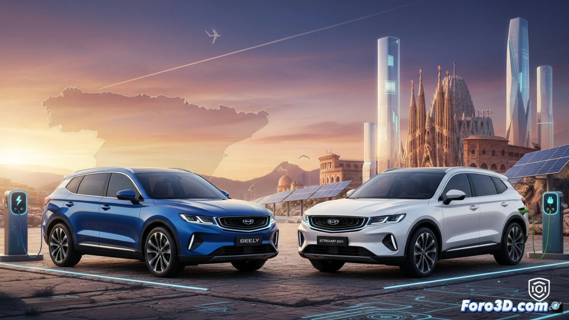 Un SUV eléctrico Geely E5 y un híbrido Starray EM-i en una carretera española, anunciando su llegada en 2026.