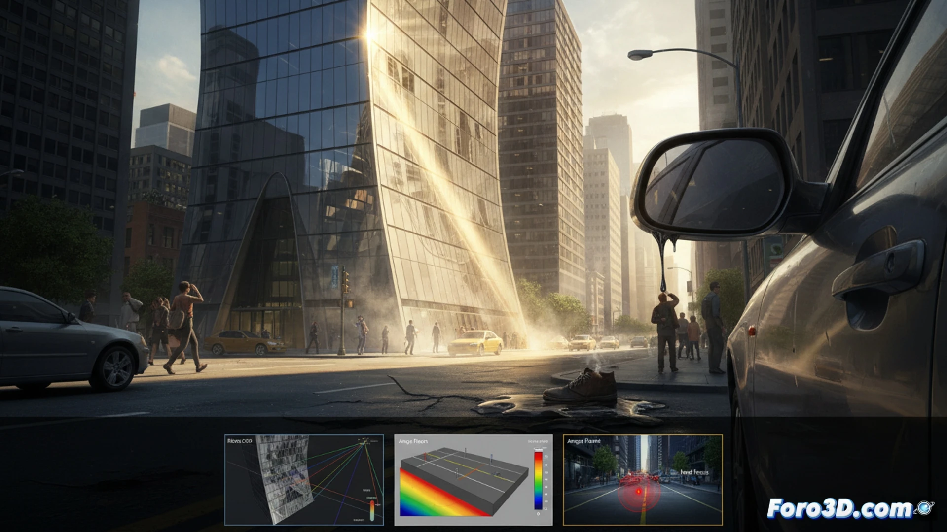 Fachada acristalada cóncava refleja luz solar derritiendo un coche en la acera, simulación térmica digital