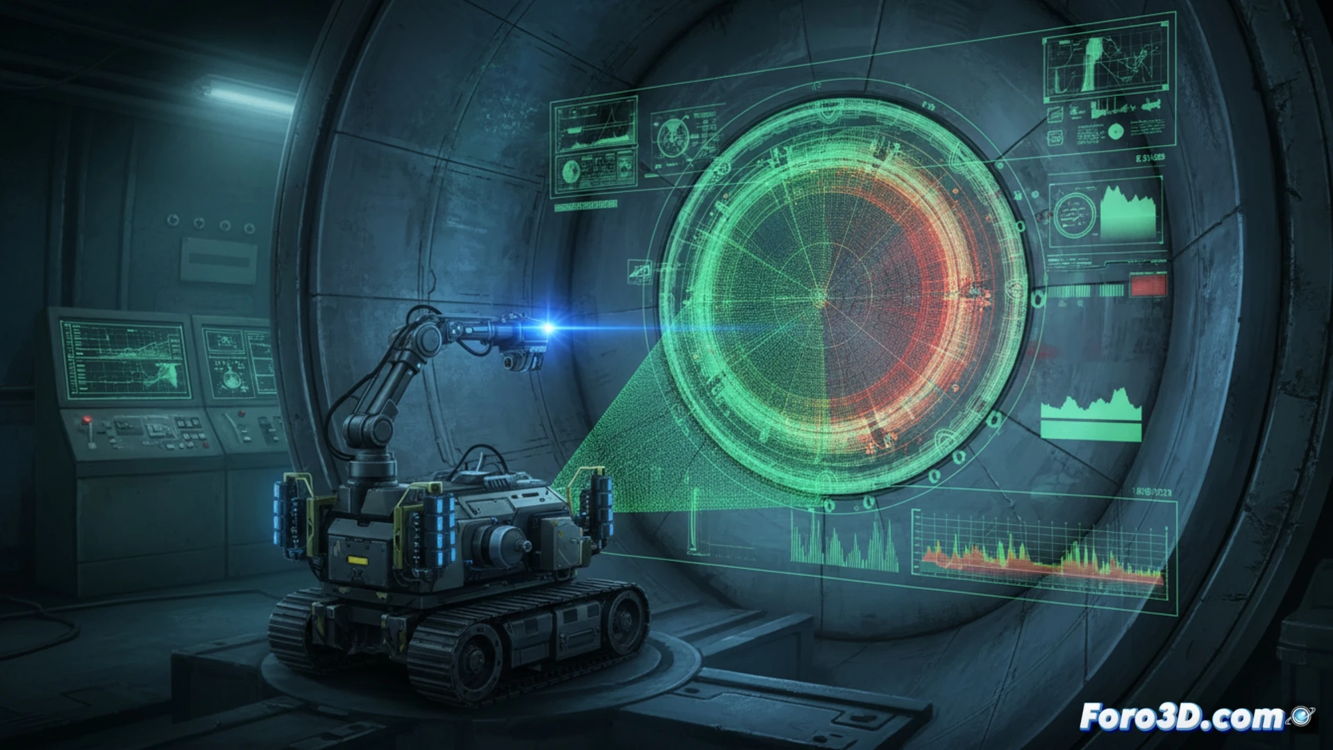 Robot ROV con escáner Faro Focus inspeccionando vasija nuclear para gemelo digital 3D predictivo