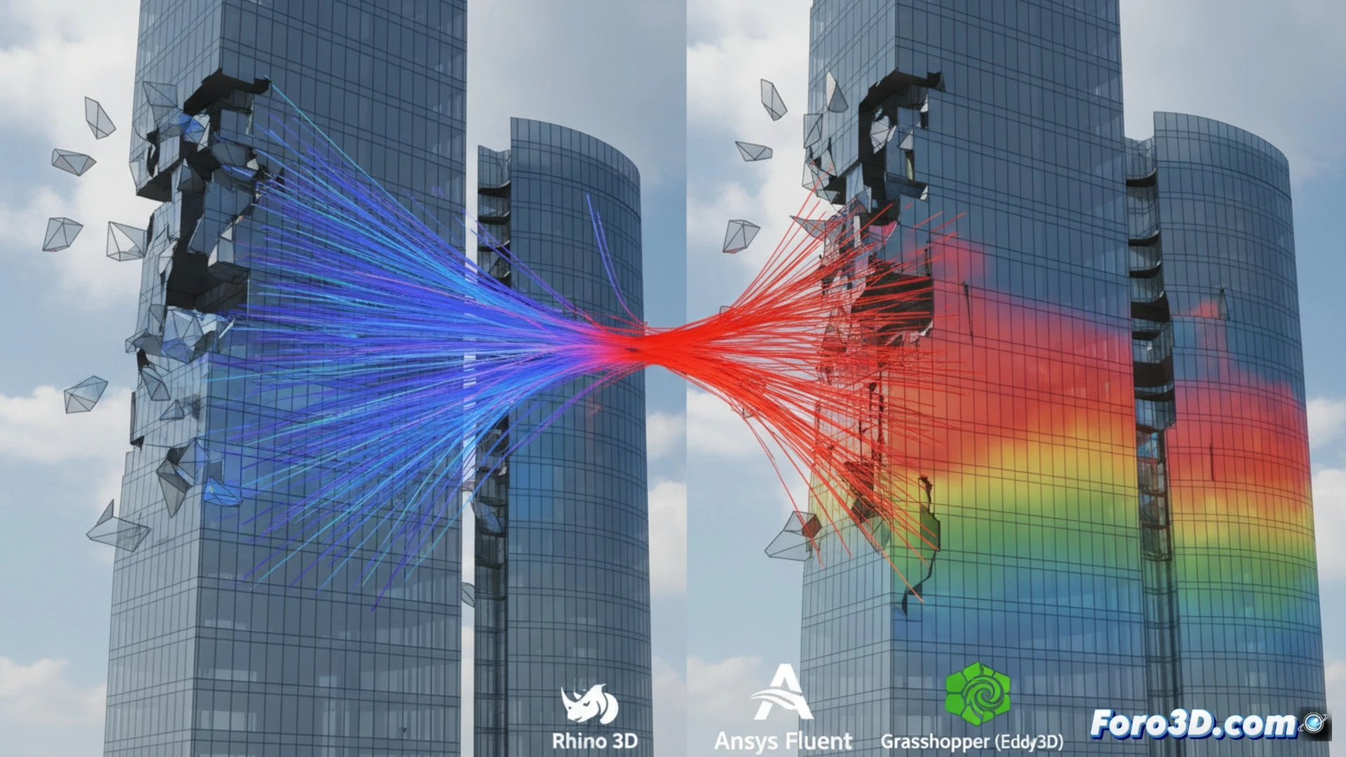 Gemelo digital de fachada de vidrio con simulación CFD en Ansys Fluent mostrando efecto Venturi