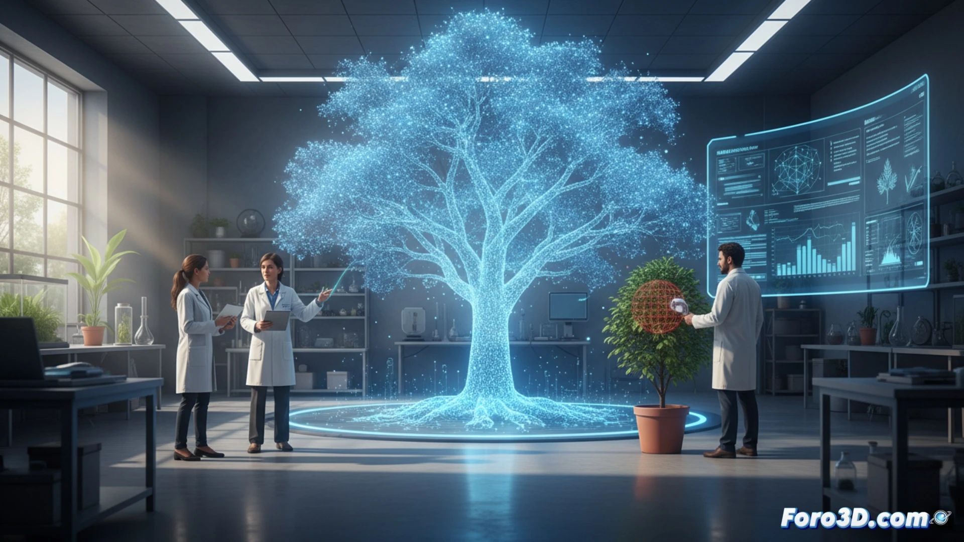 Modelo 3D detallado de un roble generado a partir de escaneo láser, mostrando su compleja estructura de ramas.