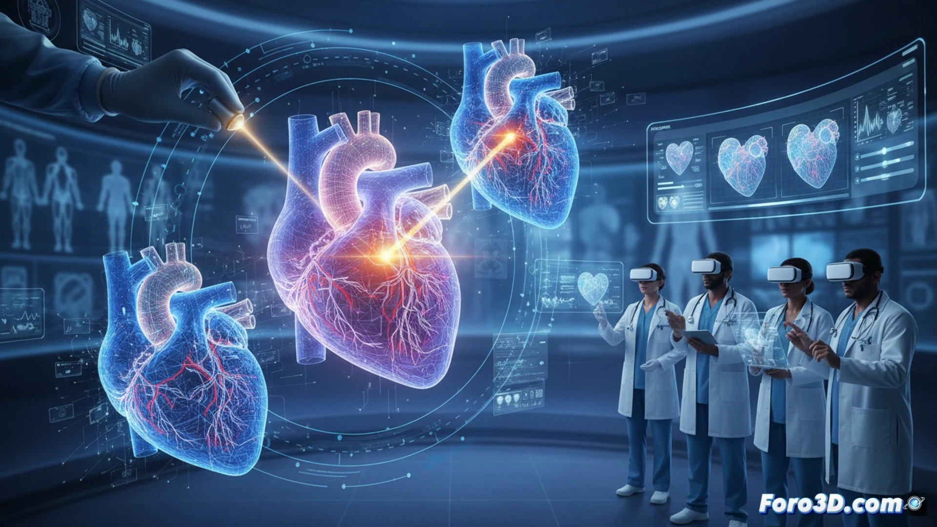 Un cardiólogo analiza un corazón digital 3D, con mapas eléctricos superpuestos, para planificar una cirritmia compleja en una pantalla.