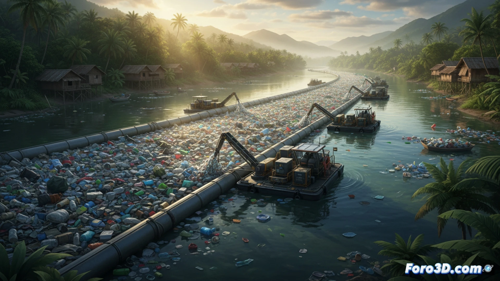 Interceptor de The Ocean Cleanup en un río, superpuesto con un modelo digital del flujo de plásticos y datos de simulación.