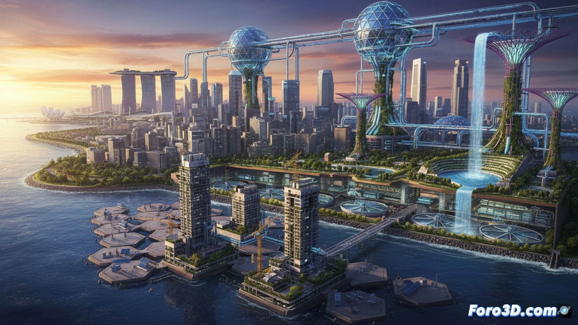 Vista aerea digital de Singapur mostrando infraestructuras criticas y su gemelo virtual con datos de simulacion en tiempo real.