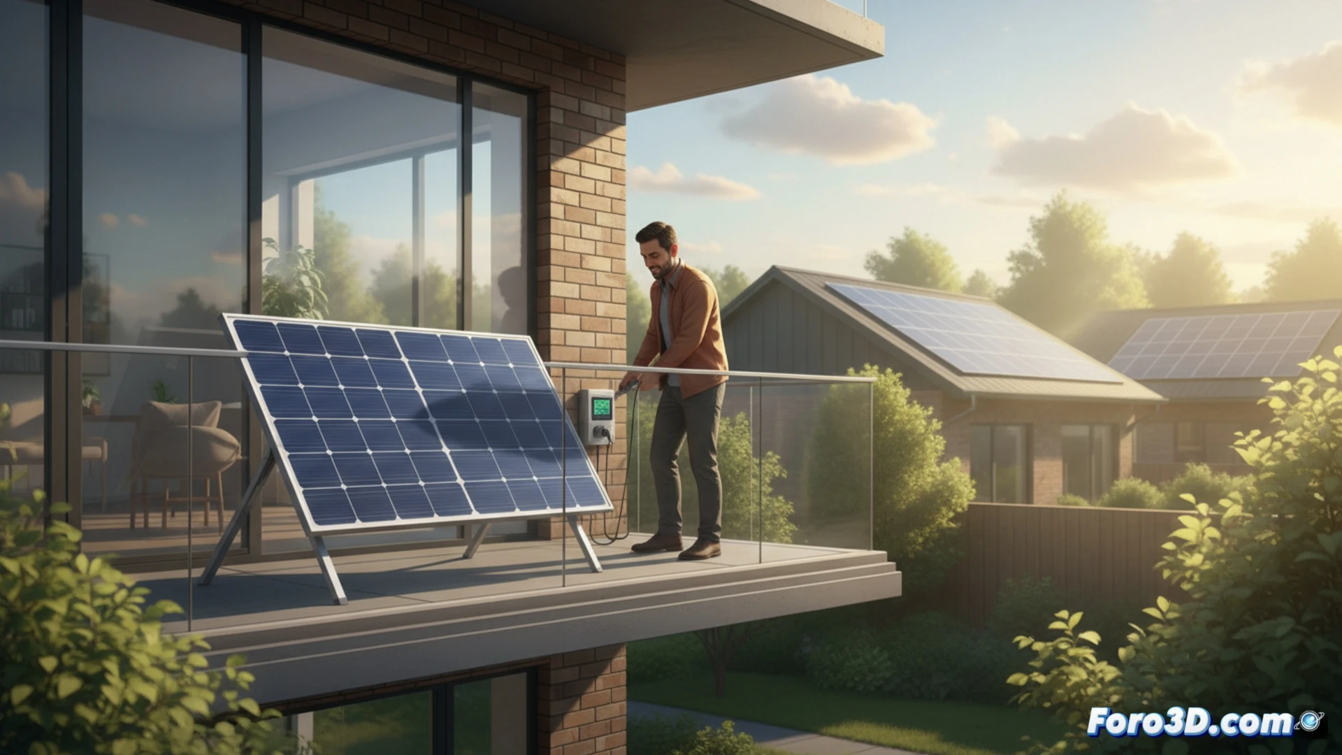 Un gemelo digital de una casa simulando el flujo de energía de paneles solares conectados a un enchufe.