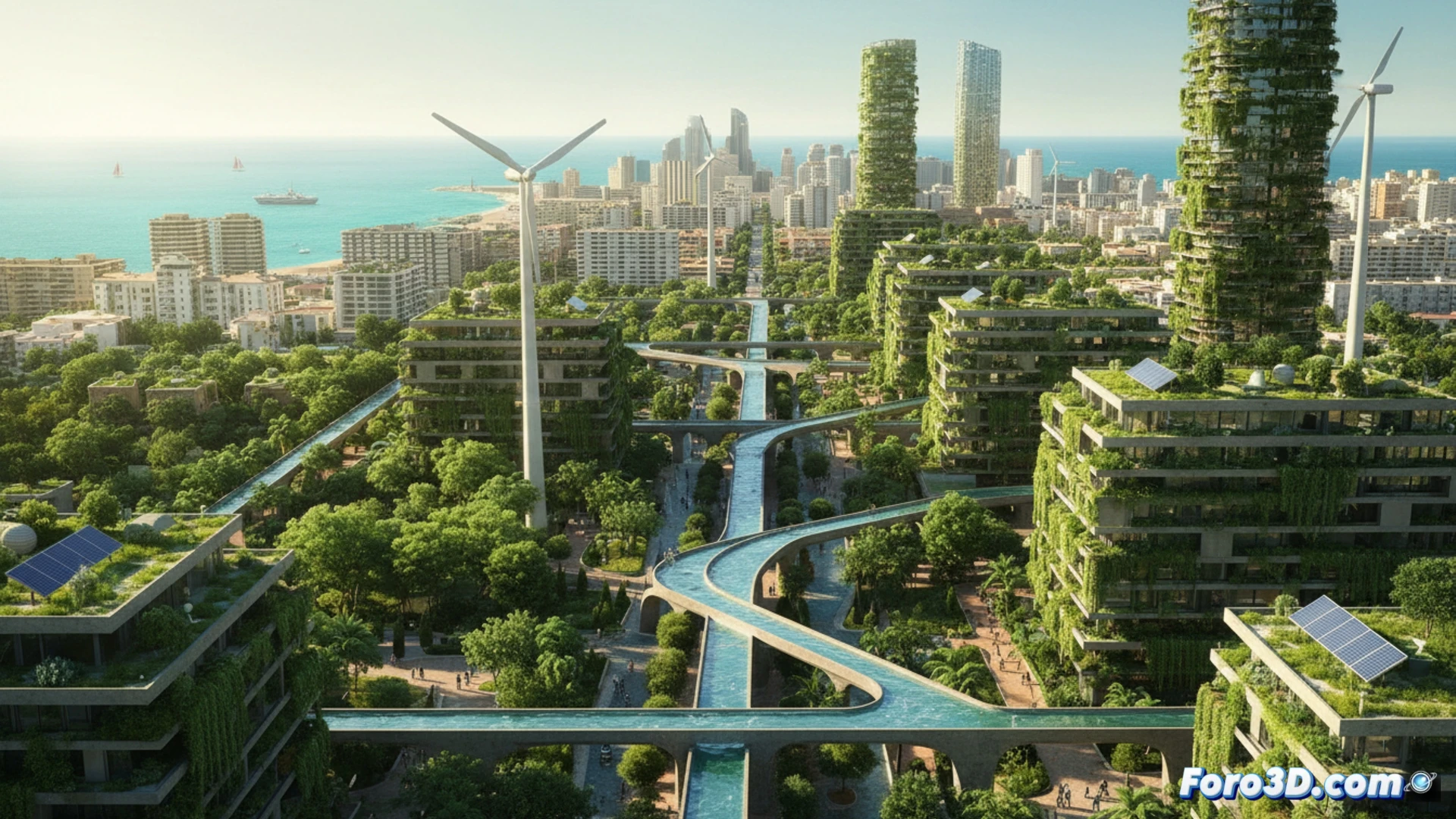 Vista aérea 3D del gemelo digital de Benidorm, mostrando simulaciones de flujos de tráfico y consumo energético.