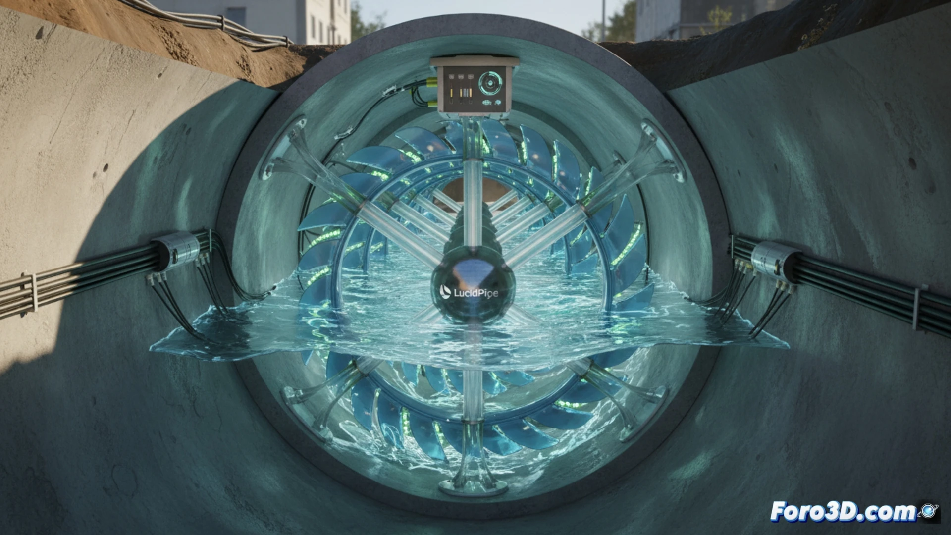 Turbina hidroeléctrica dentro de una tubería de agua, superpuesta con un panel de control digital que muestra datos en tiempo real.