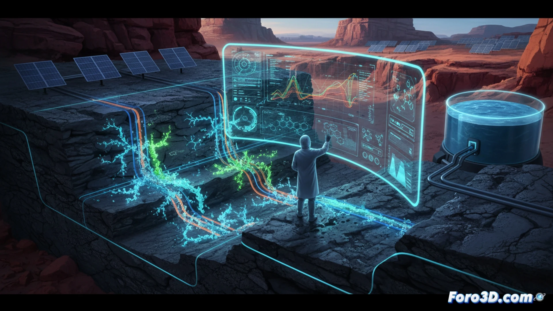 Modelo 3D de un sistema subterraneo mostrando la inyeccion de CO2 en formaciones de basalto para su mineralizacion.