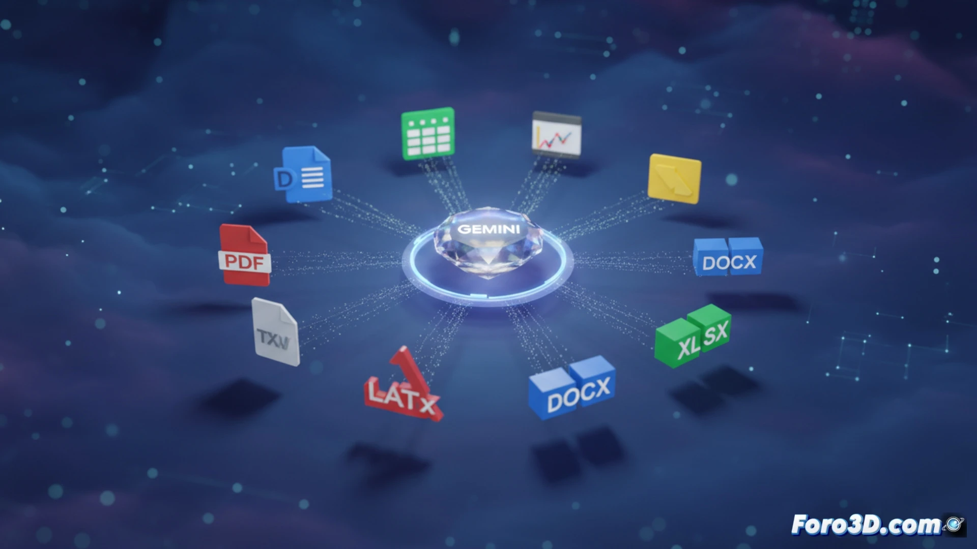 Un asistente digital muestra un icono de archivo flotando sobre el chat, sin ventanas de edición ni portapapeles visibles.