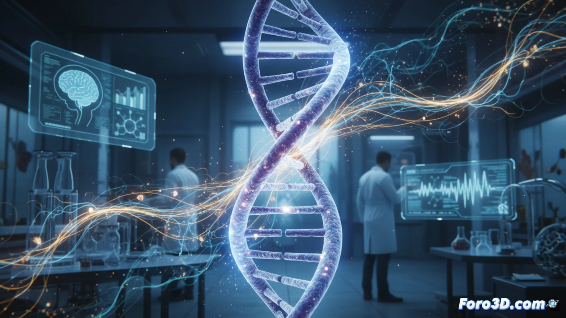 Científicos en Corea activan ADN con campos magnéticos, entre luces azules y gráficos genéticos futuristas.