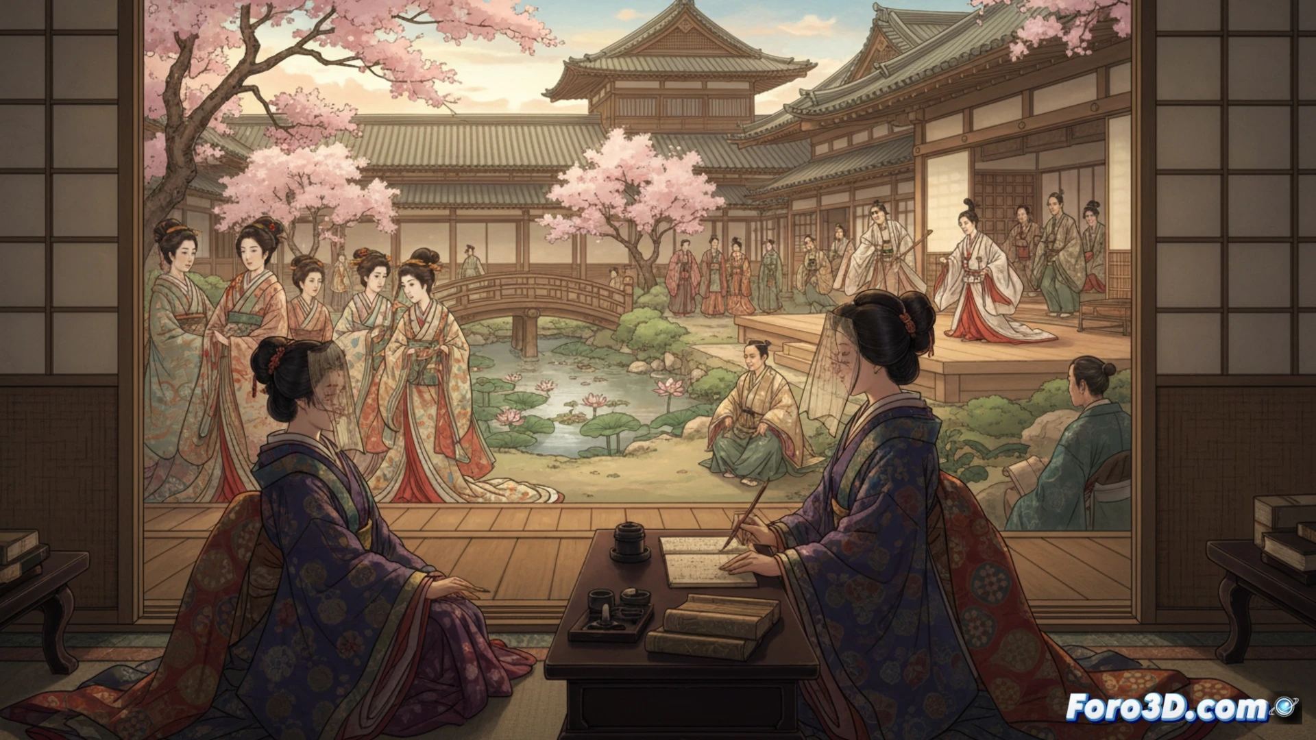 Una corte Heian estilizada como diagrama de flujo, con personajes conectados por hilos de seda y poemas.