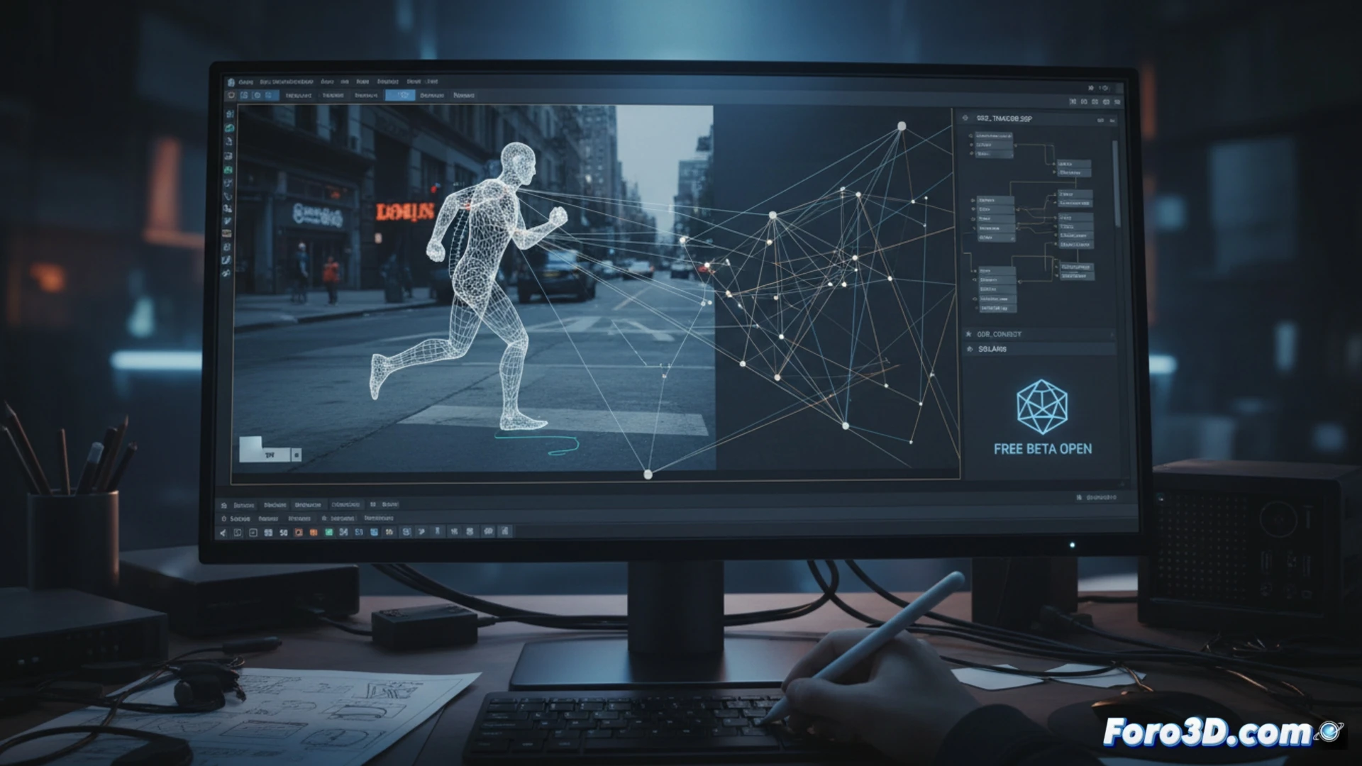 Un artista de VFX ajusta el nodo GeoTracker en Houdini, con gráficos de seguimiento 3D y geometría alámbrica sobre una pantalla de interfaz SOP, en un entorno de estudio digital.