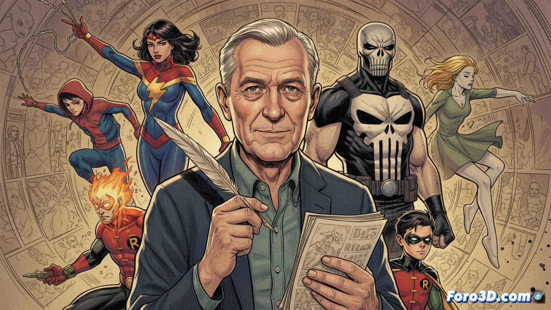 Viñeta de cómic con tinta negra y rojo sangre: el Castigador, calavera en el pecho, empuña una pistola humeante. Al fondo, siluetas de Spider-Man y Gwen Stacy cayendo. En la esquina, retrato joven de Conway, lápiz y guion. Texto: 'Gerry Conway 1952-2025'.