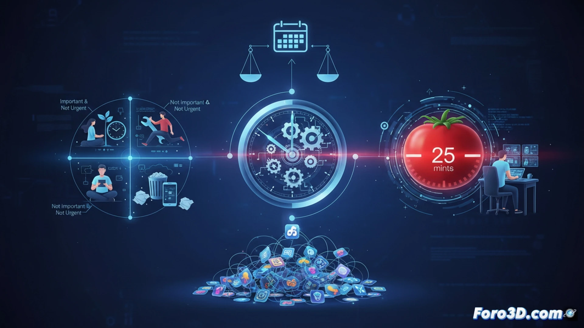 Una mano sostiene un bolígrafo sobre una agenda abierta; al lado, un móvil con apps de productividad aparece en segundo plano, desenfocado.