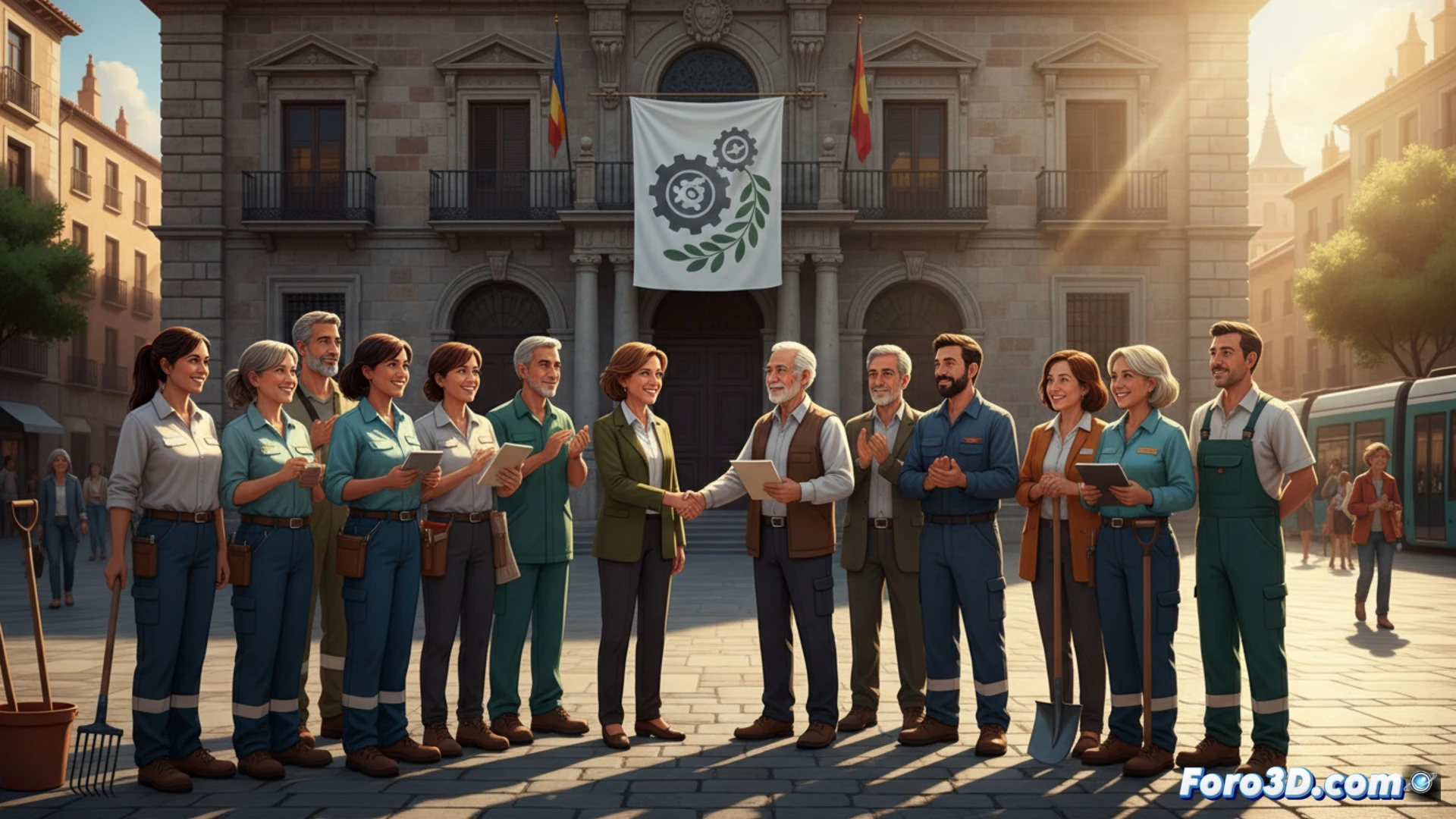 Un grupo diverso de 42 personas mayores de 45 años, con uniformes municipales, sonríe frente al Ayuntamiento de Getafe.