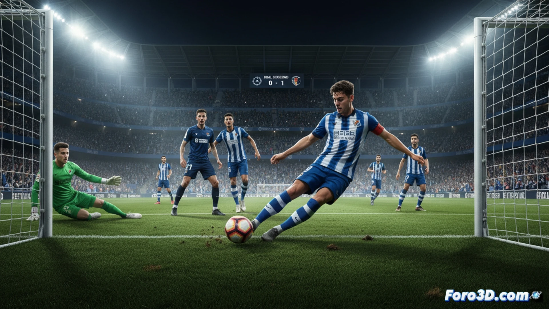 Un defensa desvía el balón a su propia red ante la presión del ataque visitante en un estadio lleno.