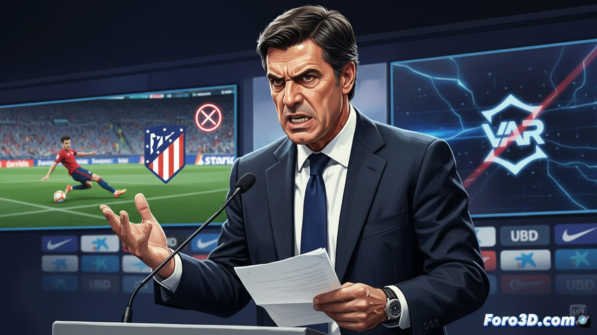 El consejero delegado del Atlético, Miguel Ángel Gil Marín, expresa su indignación y vergüenza frente a micrófonos, sosteniendo una transcripción de los audios del VAR.