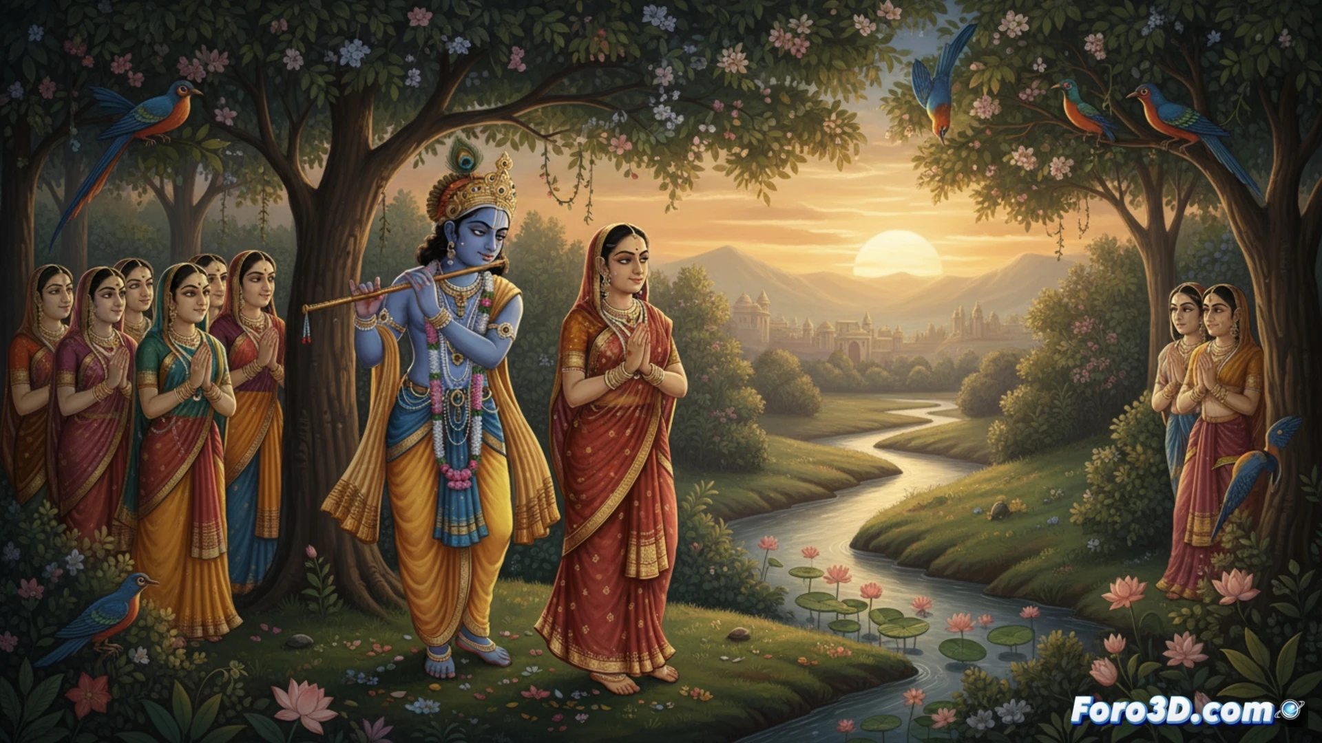 Escena 3D inmersiva del poema Gita Govinda, con Krishna y Radha en un bosque digital luminoso y sensual.