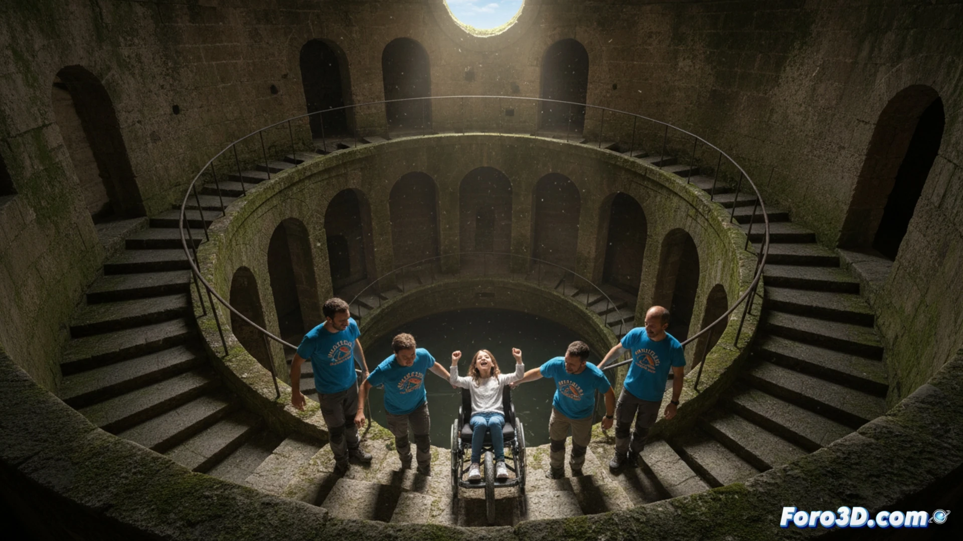 Giulia sonríe en una joelette, bajando los 248 escalones del pozo de Orvieto, rodeada de voluntarios.
