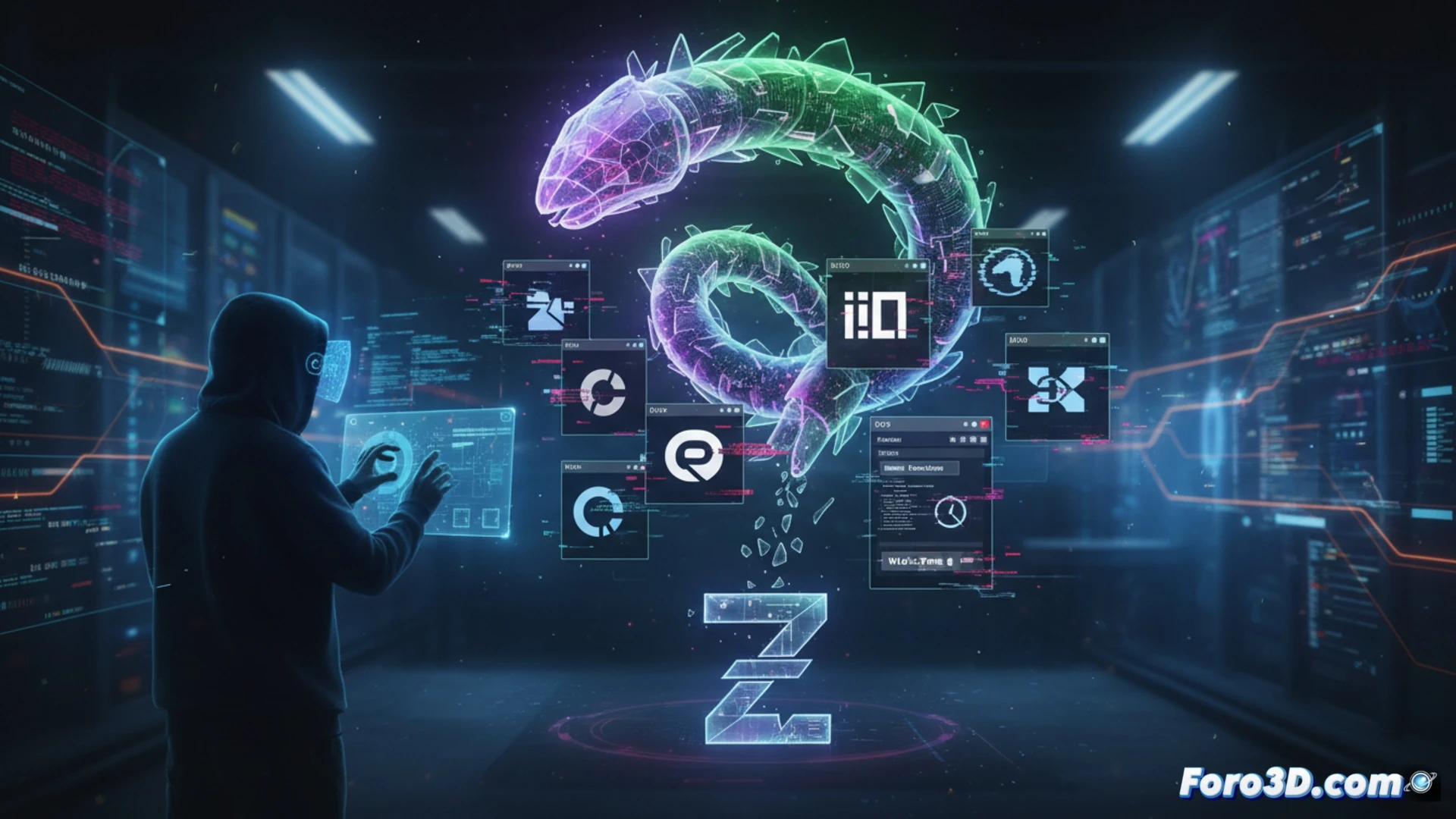 Una mano escribe código mientras un dropper en Zig infecta silenciosamente los iconos de varios IDEs en segundo plano.