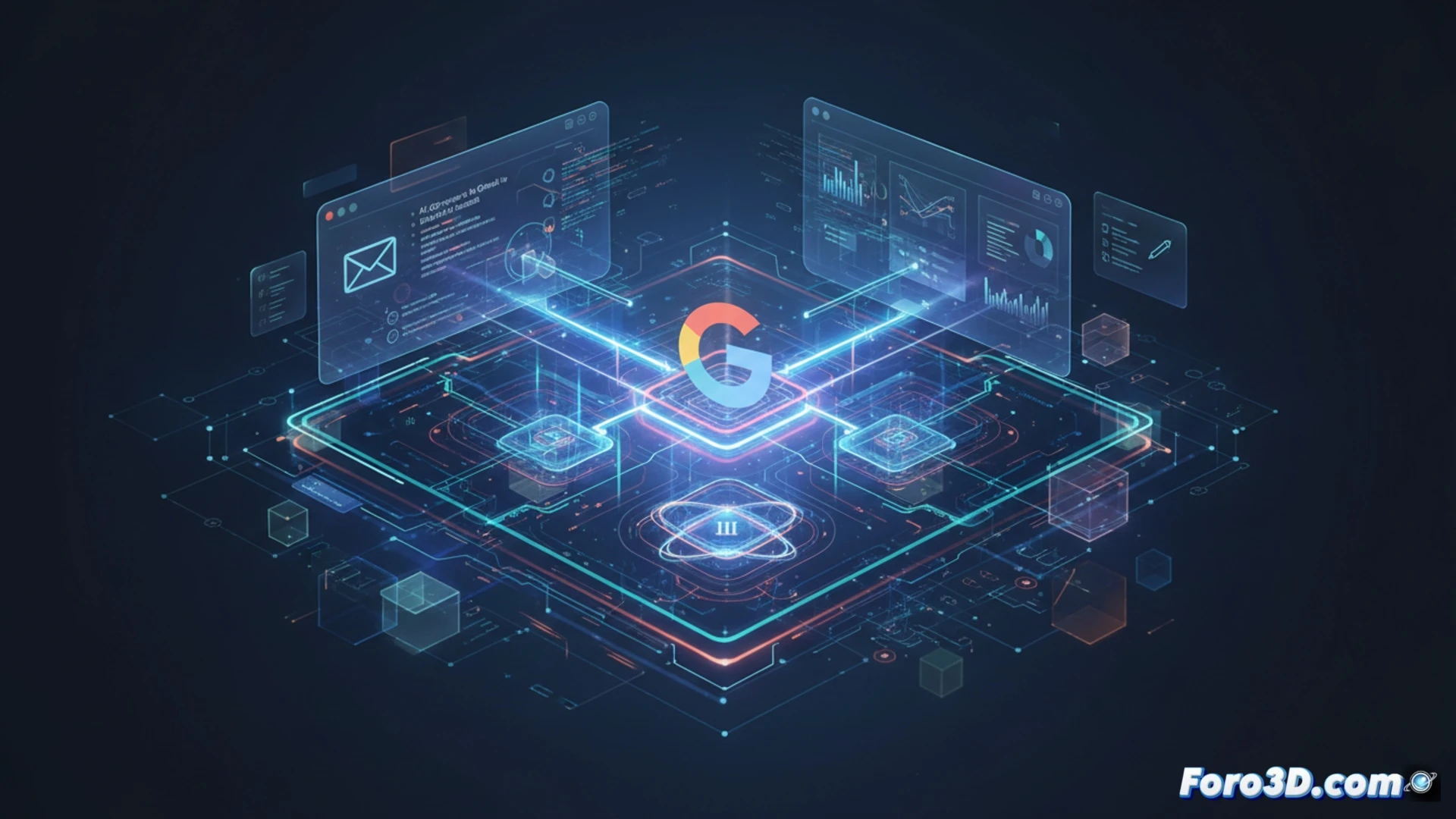 Un ejecutivo sonriente señala una interfaz de Gmail en tablet, con resúmenes de IA flotando sobre correos, documentos y calendario, mientras el logo de Gemini 3 brilla en la esquina inferior derecha.