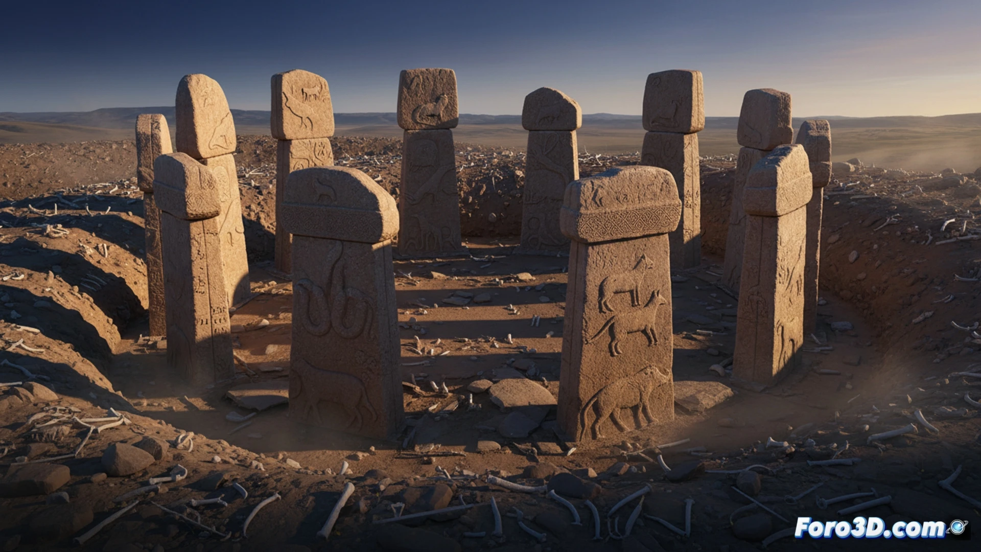 Reconstrucción virtual 3D de los pilares megalíticos de Göbekli Tepe, mostrando sus intrincados relieves de animales.